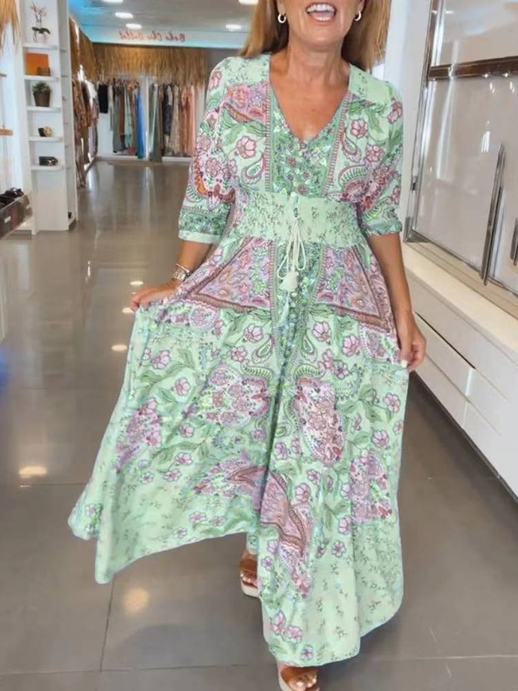 Bohemian Print Maxi Dress Featuring Flowy Silhouette and Smocked Waist