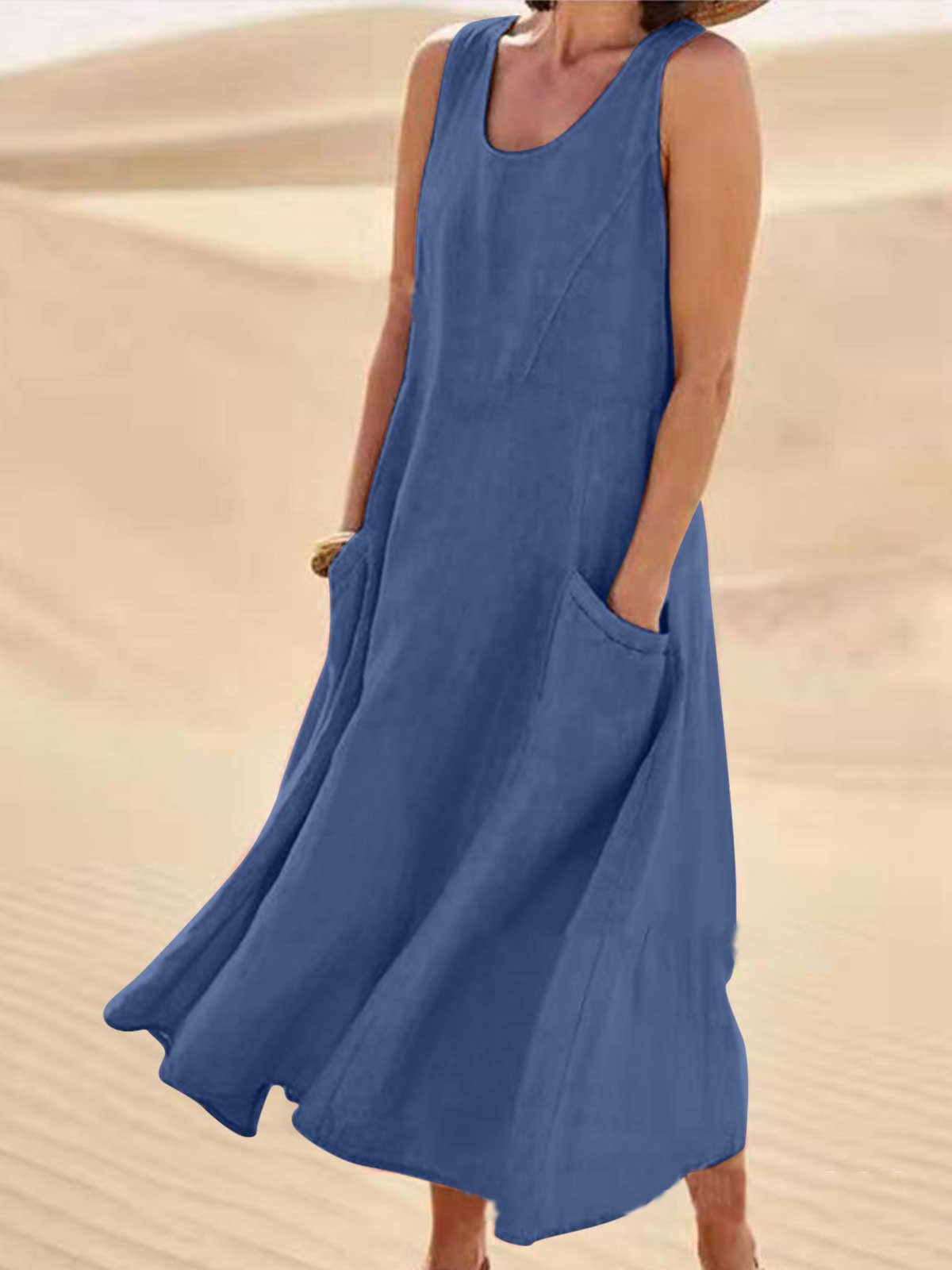 Casual Loose Fit Linen Pocket Midi Dress