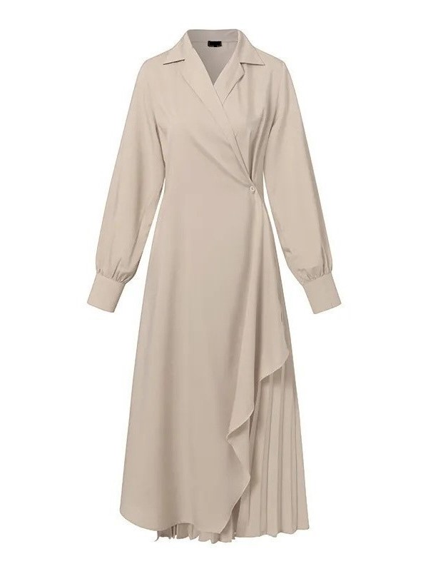 Elegant Shirt Collar Draped Waist Pleated Hem Maxi Dress (Buy 2 Free Shipping)