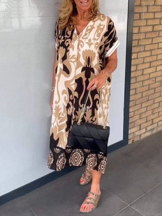 Boho Tribal Pattern Loose V Neck Midi Dress (Buy 2 Free Shipping)