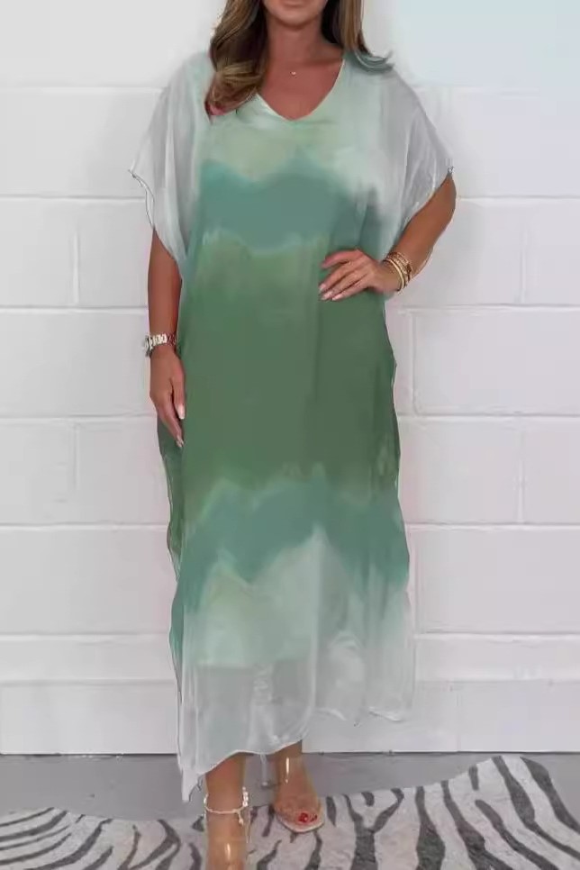 Boho Ombre Tie-Dye Maxi Dress with Batwing Sleeves (Buy 2 Free Shipping)