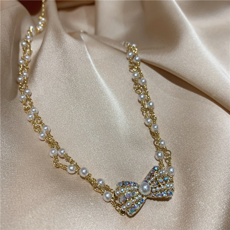 Double Chain Bow Pearl Choker Necklace