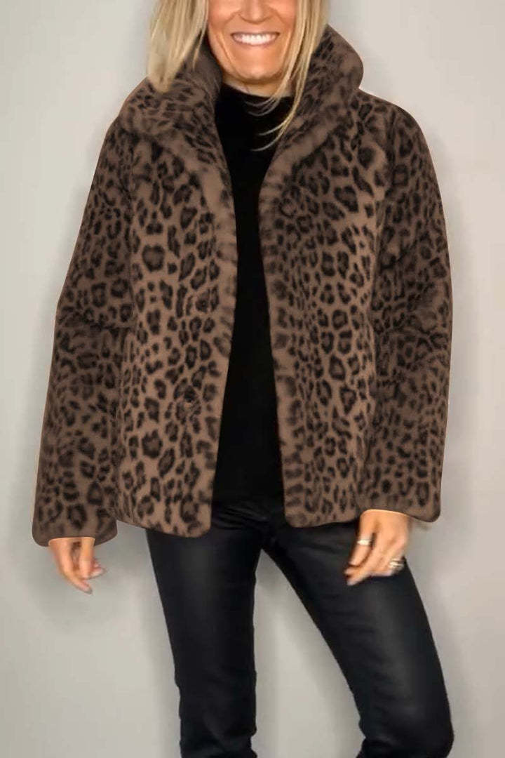 Chic Leopard Plush Collar Coat - Soft Faux Fur Outerwear (Buy 2 Free Shipping)