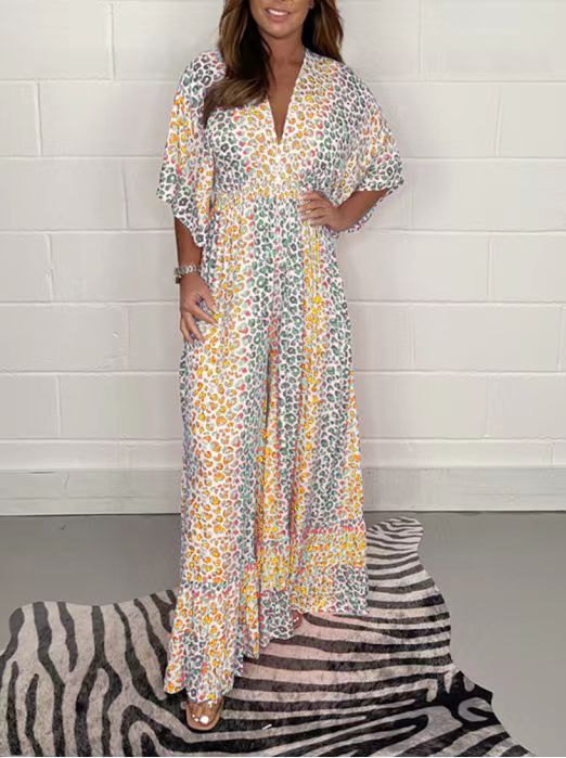 Leopard V-Neck Ruffle Wide-Leg Jumpsuit