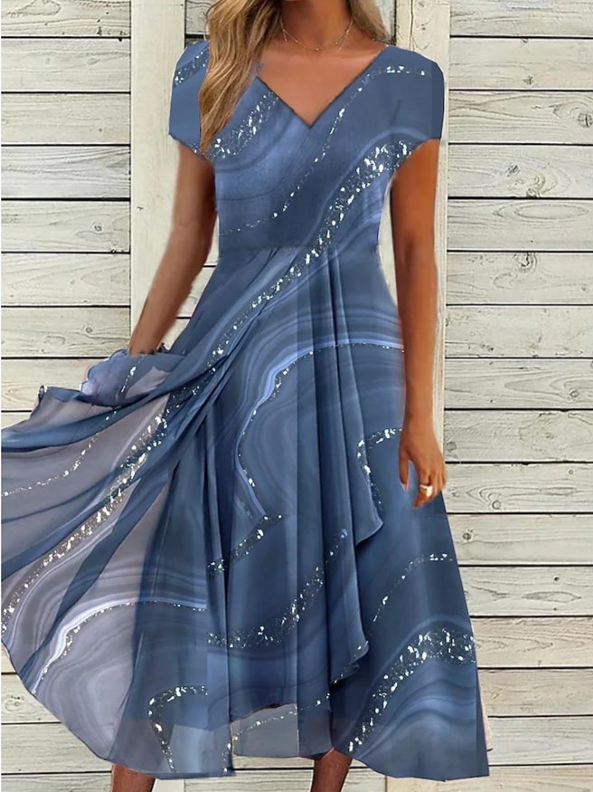 Elegant V-Neck Flowing Marble Print Midi Dress