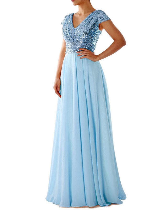 Sequin Cap Sleeve Maxi Chiffon Evening Dress