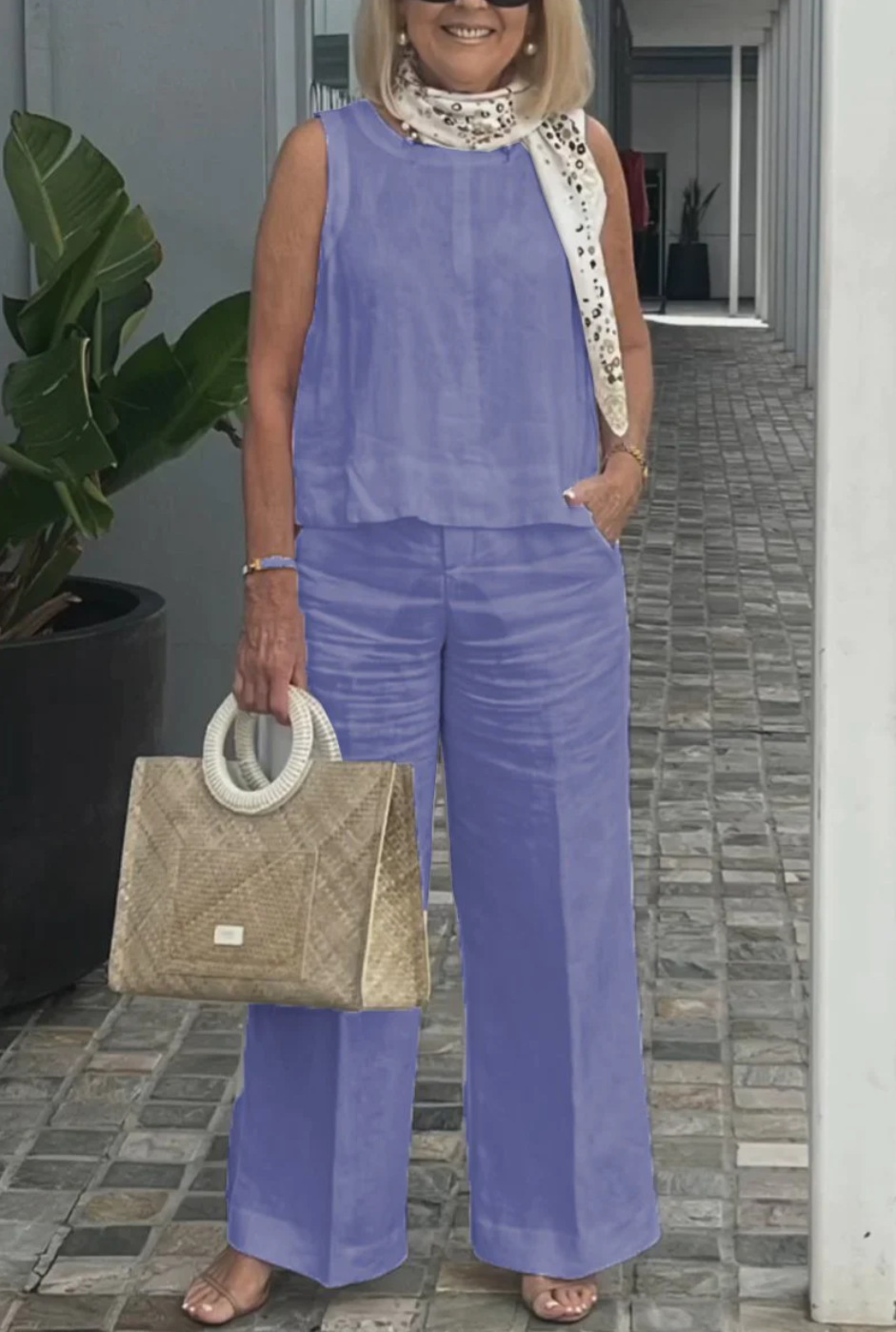 Summer Linen Two-Piece Set for Women - Sleeveless Top and Wide-Leg Pants