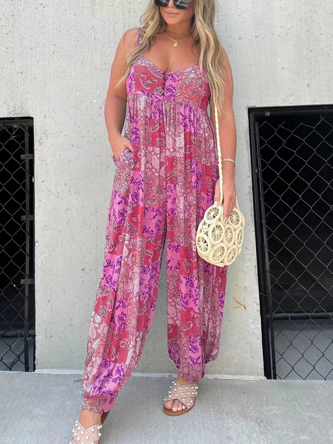 Boho Printed Wide Leg Spaghetti Strap Jumpsuit