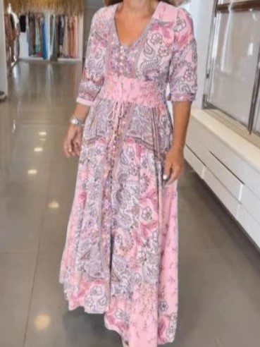 Bohemian Print Maxi Dress Featuring Flowy Silhouette and Smocked Waist