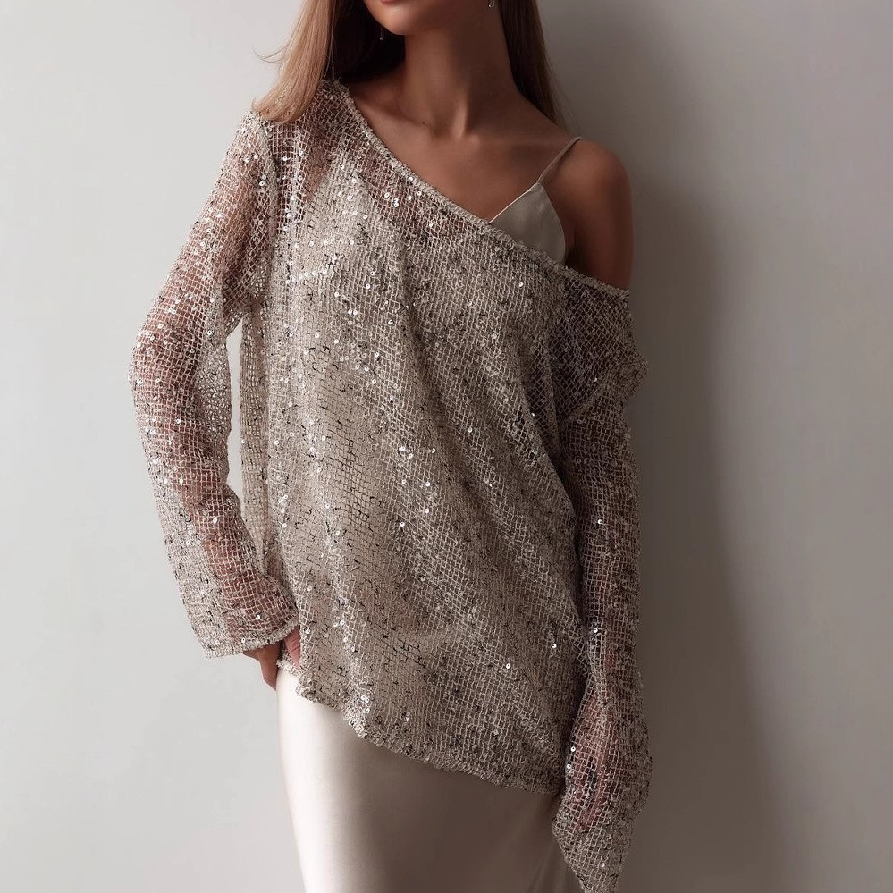 Shimmery Loose Knit Sequin Mesh Pullover Top (Buy 2 Free Shipping)