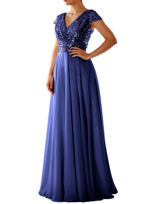 Sequin Cap Sleeve Maxi Chiffon Evening Dress