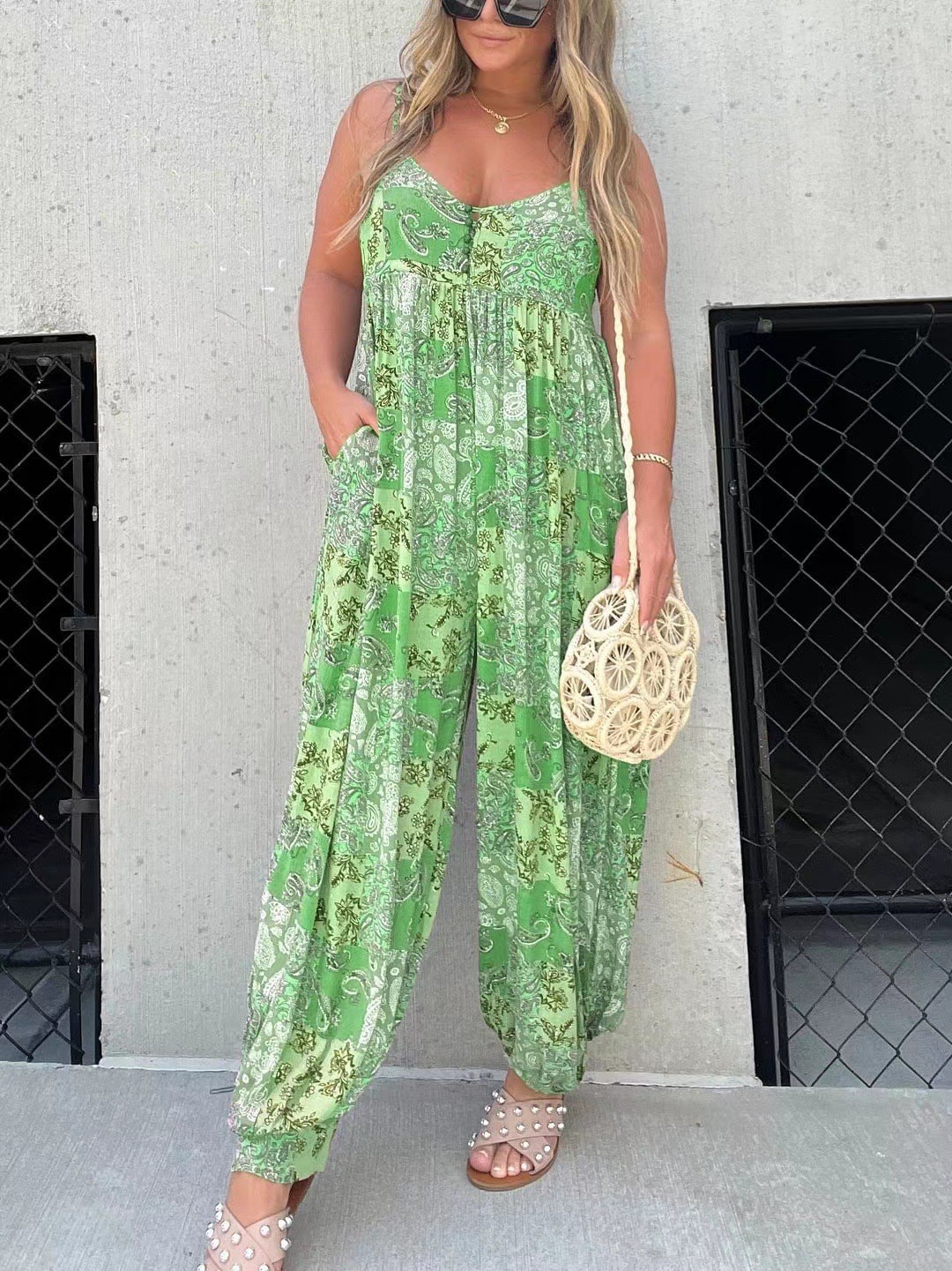 Boho Printed Wide Leg Spaghetti Strap Jumpsuit