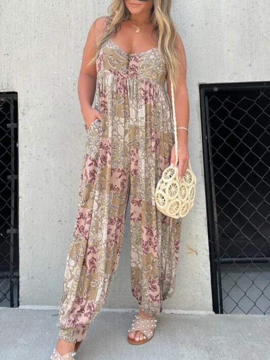 Boho Printed Wide Leg Spaghetti Strap Jumpsuit