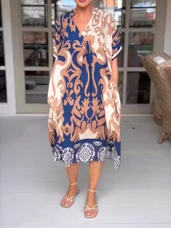 Boho Tribal Pattern Loose V Neck Midi Dress (Buy 2 Free Shipping)