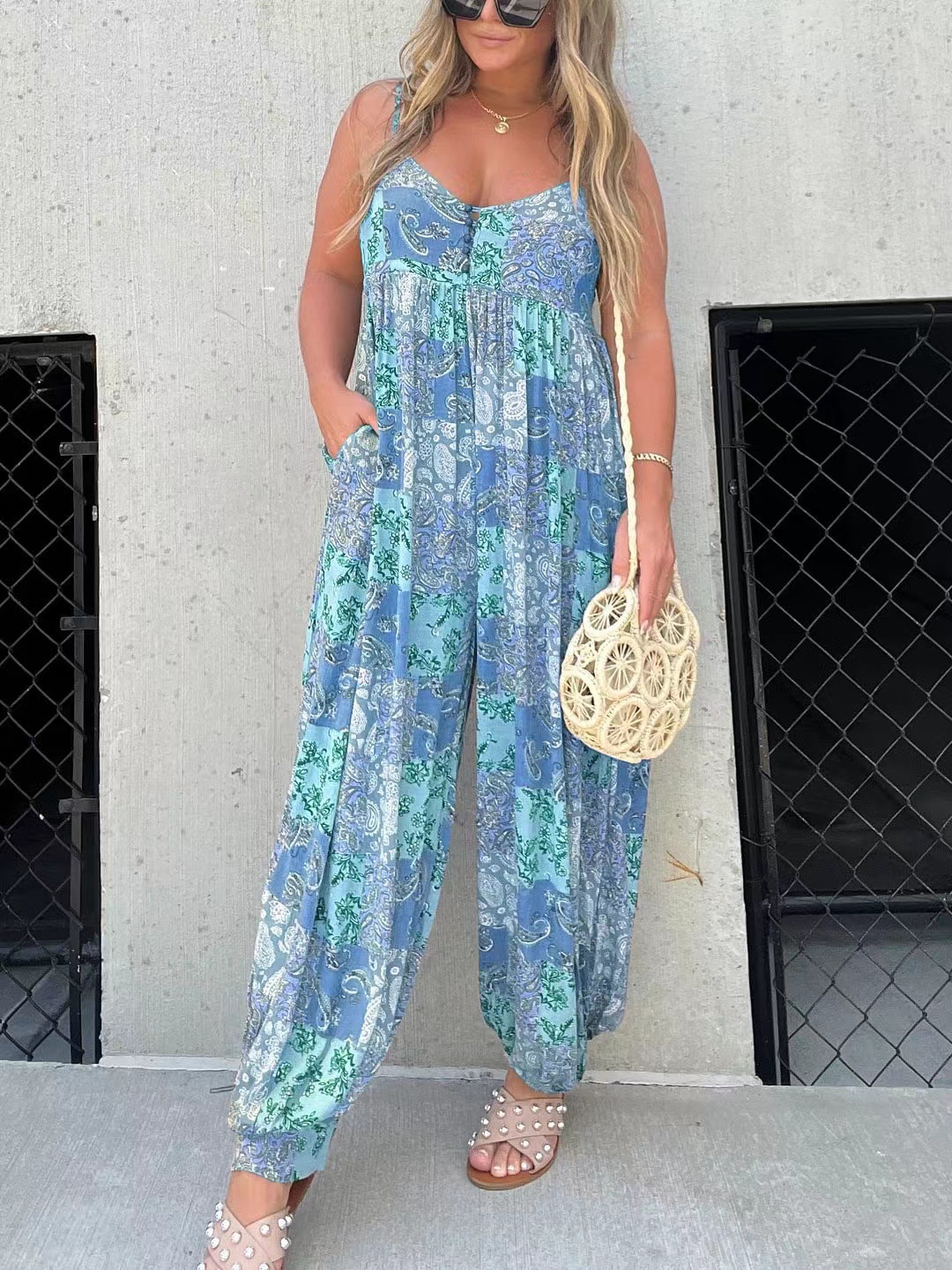 Boho Printed Wide Leg Spaghetti Strap Jumpsuit