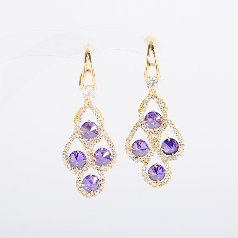 Purple Crystal Water Drop Long Tassel Earrings
