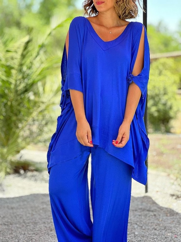 Flowy Cold Shoulder Loose Top Wide Leg Pants Two-Piece Set
