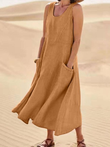 Casual Loose Fit Linen Pocket Midi Dress