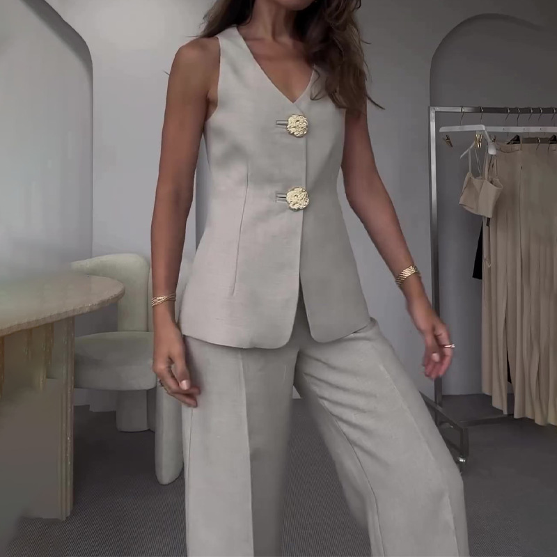 Gold Button Vest & City Pants 2 Pieces Set Suit