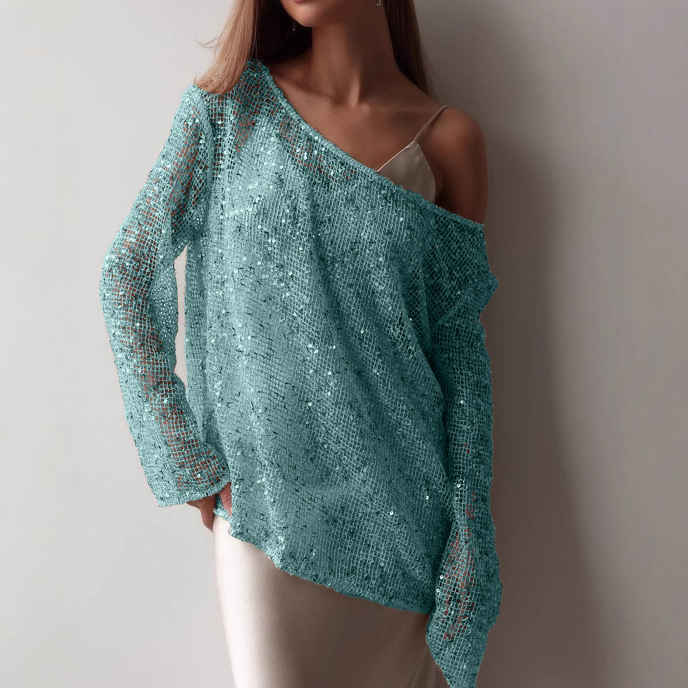 Shimmery Loose Knit Sequin Mesh Pullover Top (Buy 2 Free Shipping)