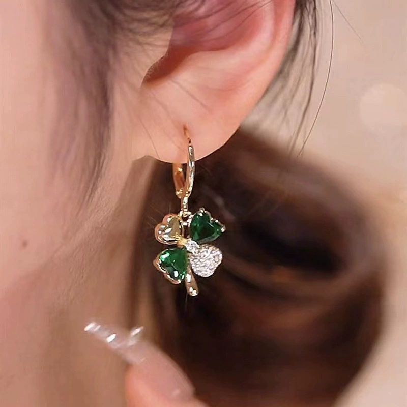 Gold-Plated Green Crystal Clover Earrings with Zircon Accents