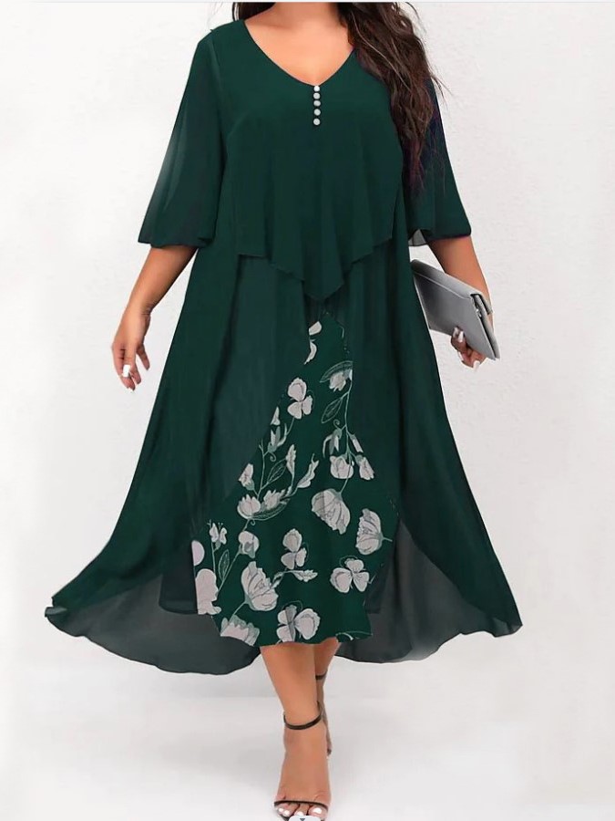 Elegant A-Line Layered Hem Floral Print Midi Dress