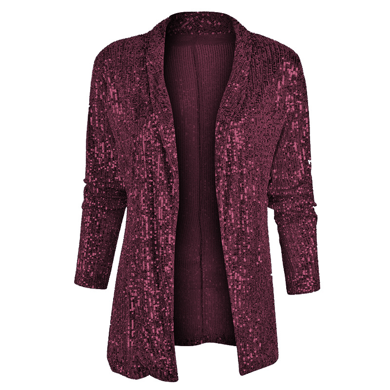 Elegant Sequin Shawl Collar Open Front Blazer Jacket (Buy 2 Free Shipping)
