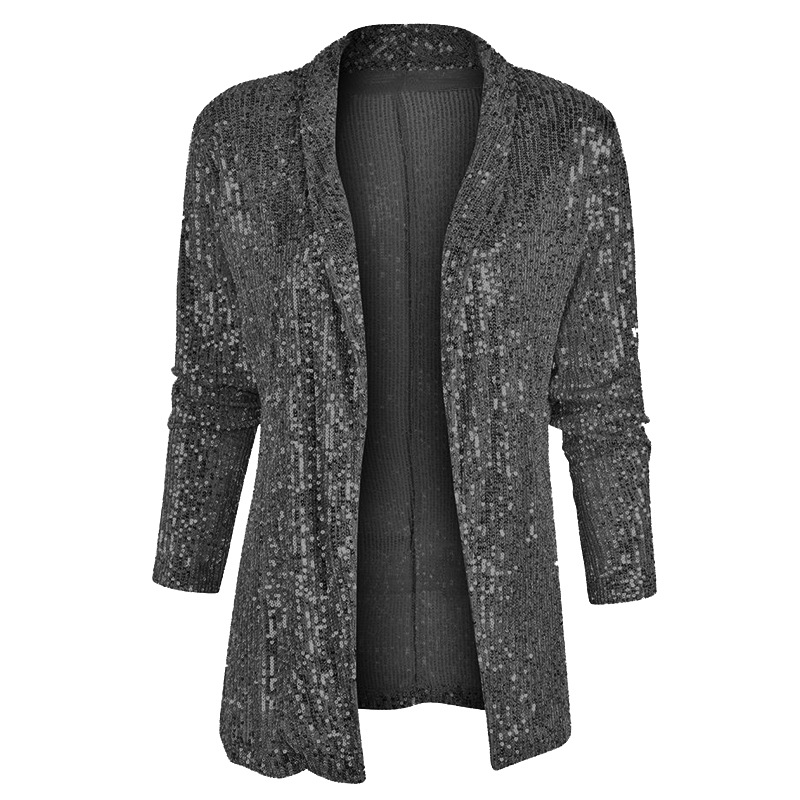 Elegant Sequin Shawl Collar Open Front Blazer Jacket (Buy 2 Free Shipping)