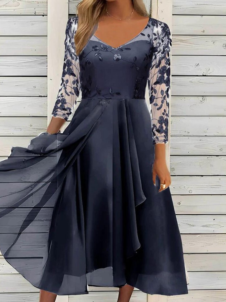 Elegant Floral Embroidered V Neck Midi Dress (Buy 2 Free Shipping)