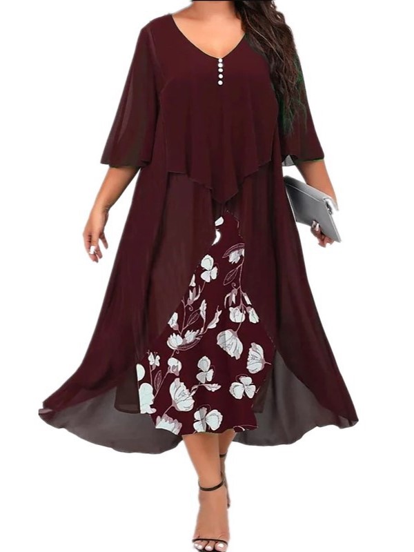 Elegant A-Line Layered Hem Floral Print Midi Dress