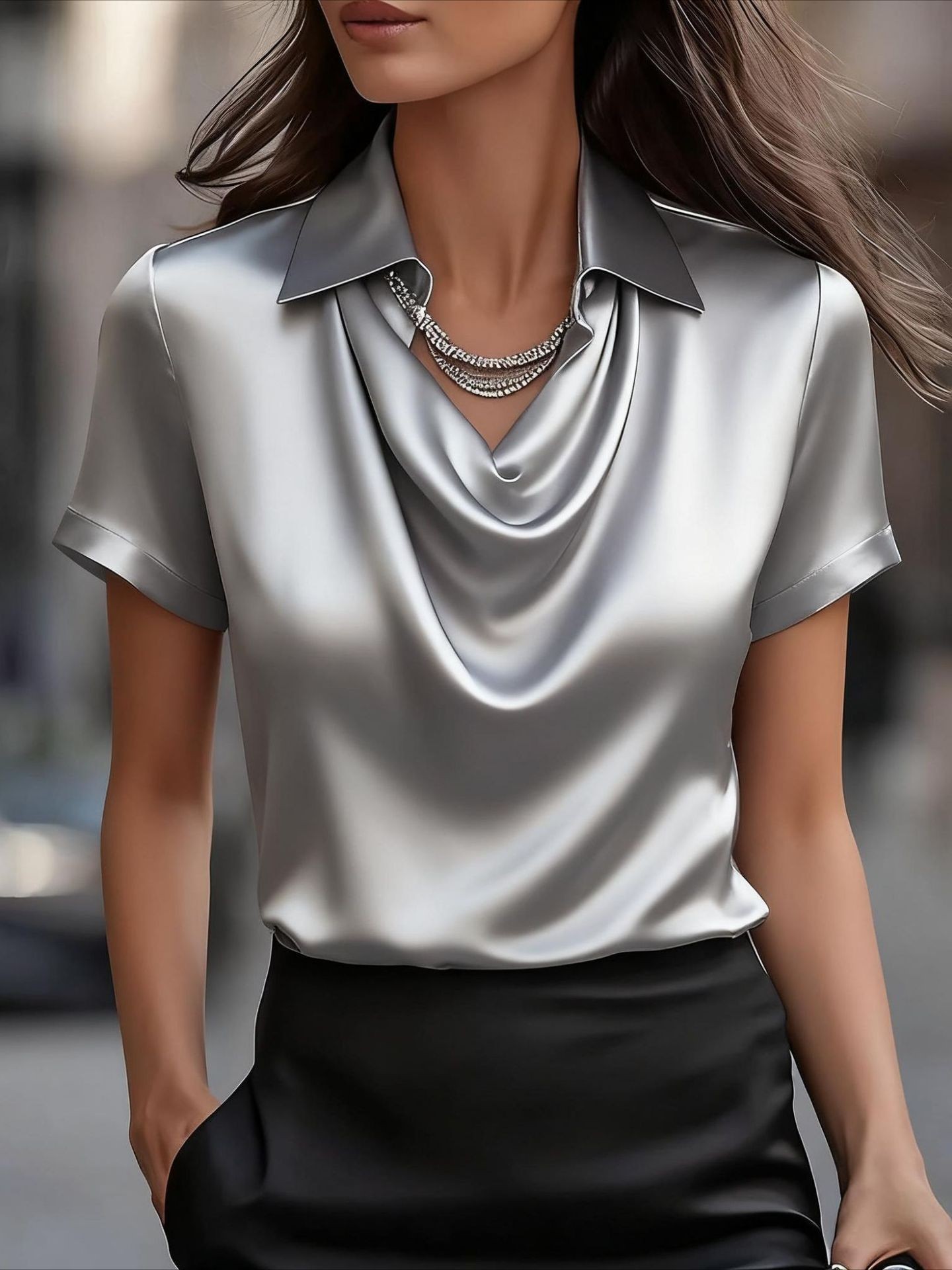 Elegant Cowl Neck Satin Blouse Long Sleeve Draped Top (Buy 2 Free Shipping)
