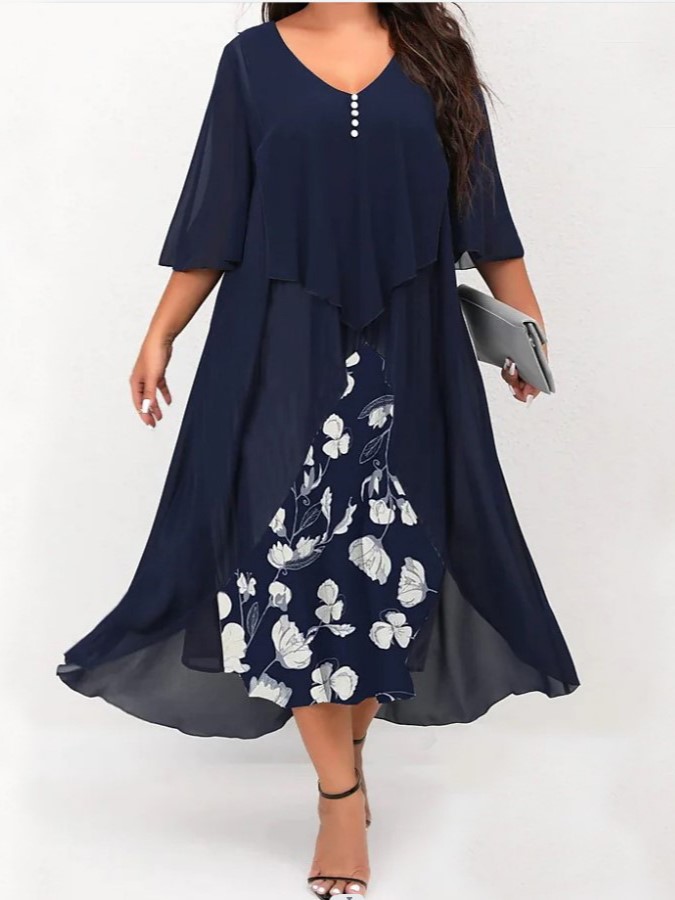 Elegant A-Line Layered Hem Floral Print Midi Dress