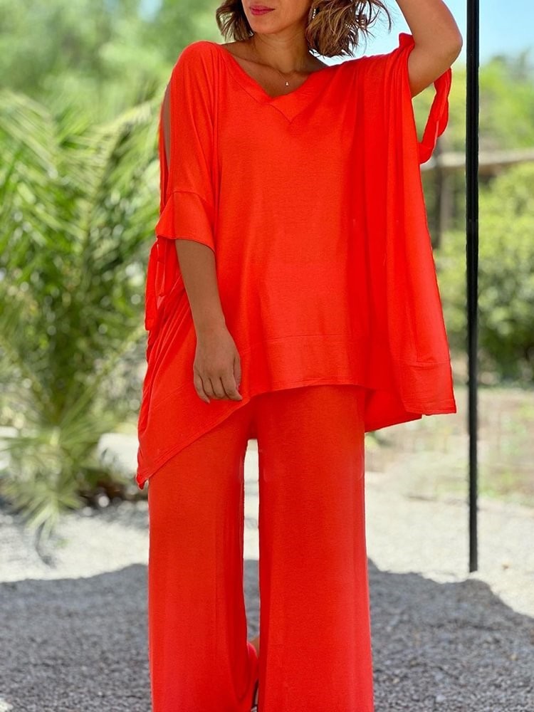 Flowy Cold Shoulder Loose Top Wide Leg Pants Two-Piece Set