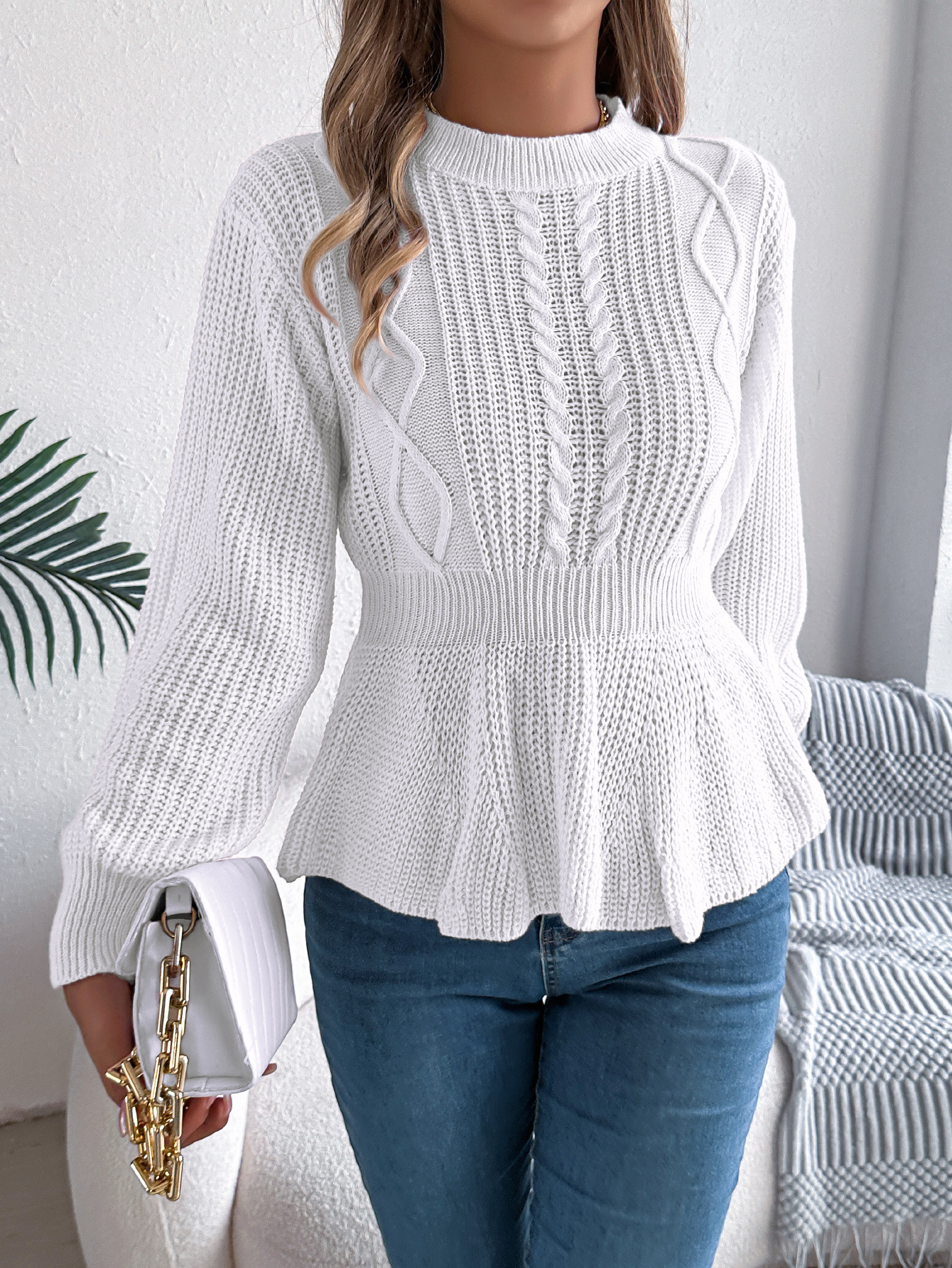Textured Knit Waist Flare Hem Sweater Top 