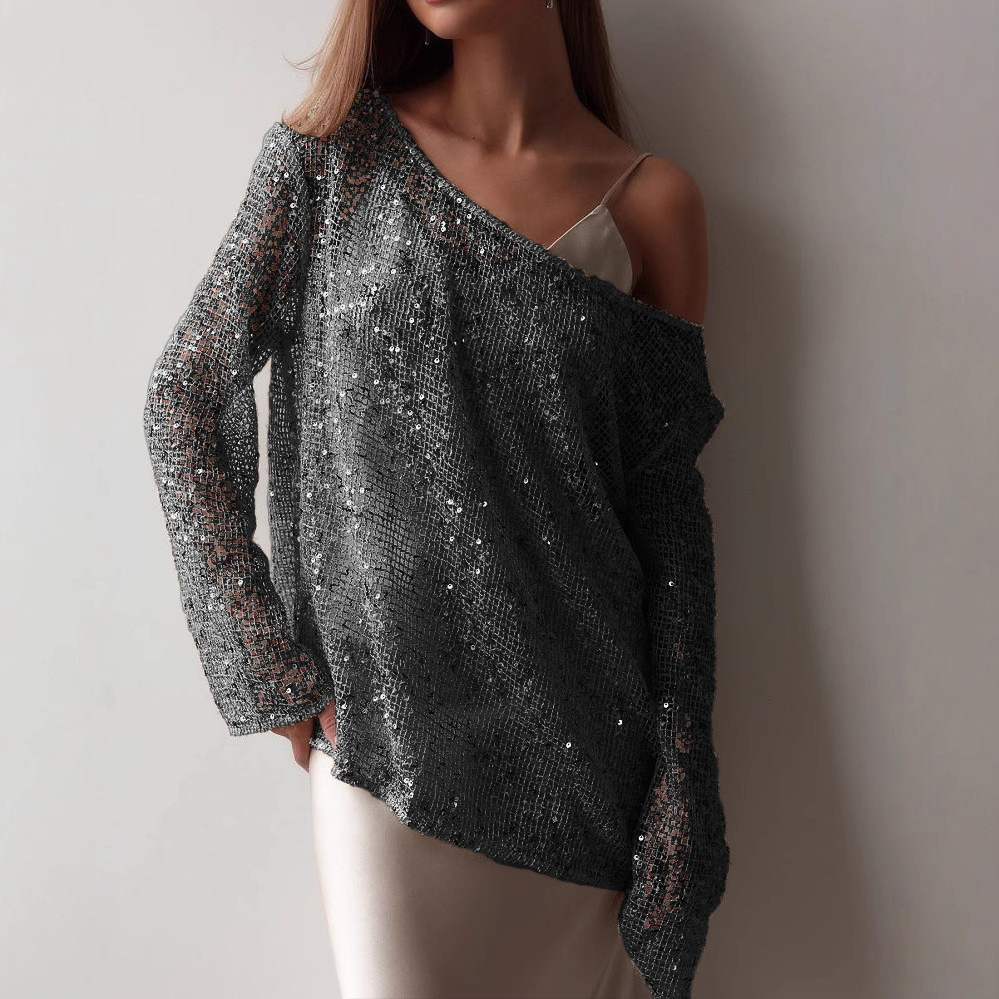 Shimmery Loose Knit Sequin Mesh Pullover Top (Buy 2 Free Shipping)