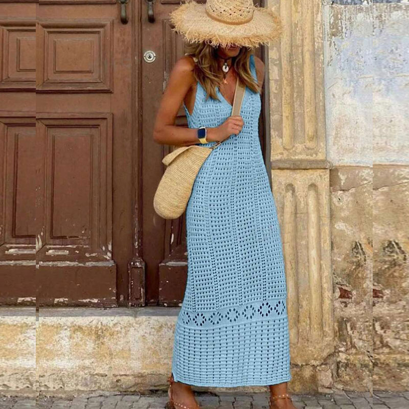 Elegant V-Neck Sleeveless Crochet Knit Maxi Dress