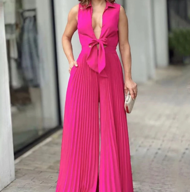 Lapel V Neck Long Sleeve Loose Wide Leg Jumpsuit (Buy 2 Free Shipping)