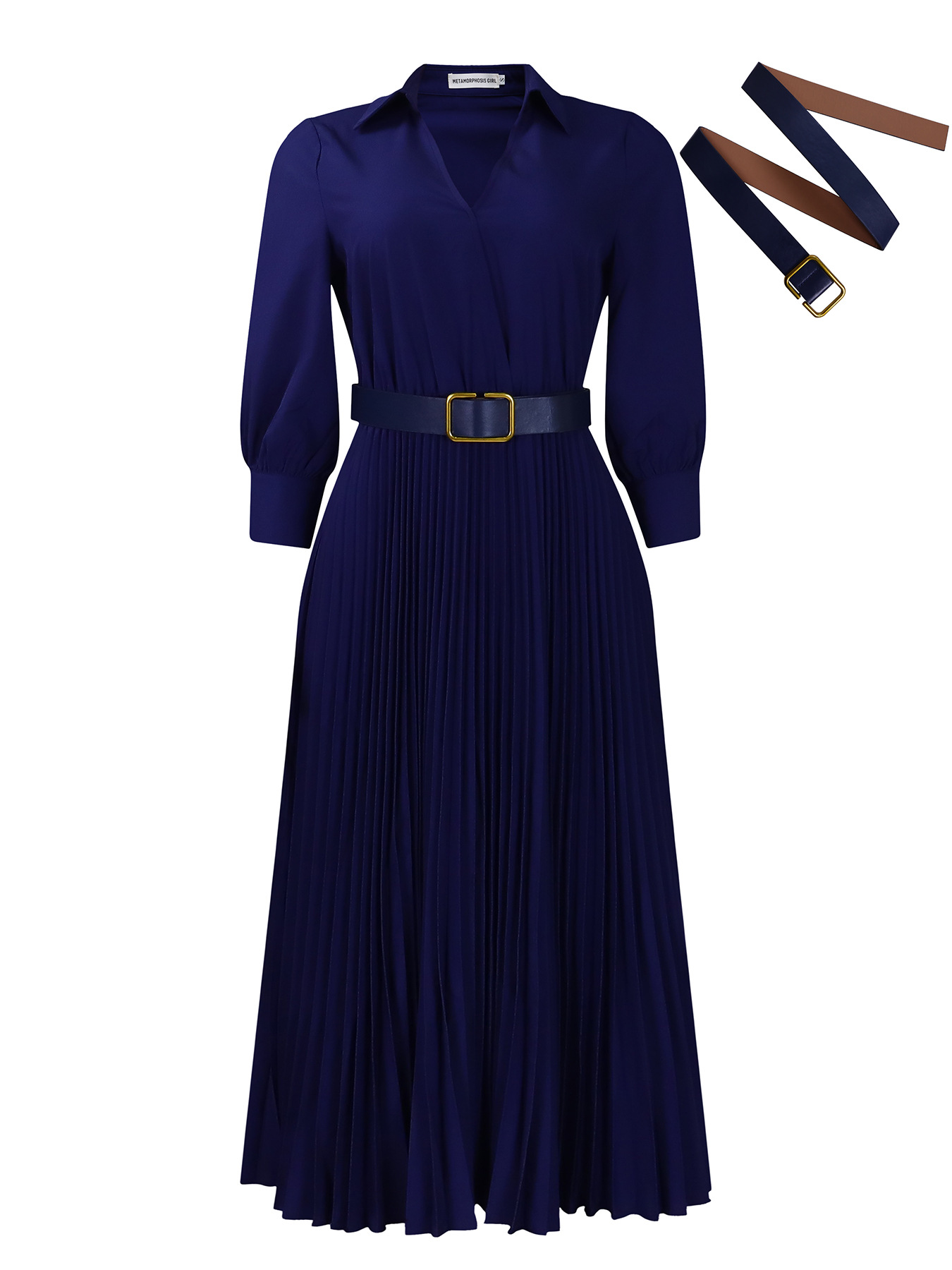 Chic V-Neck Belted Pleated Midi Dress with Puff Sleeves