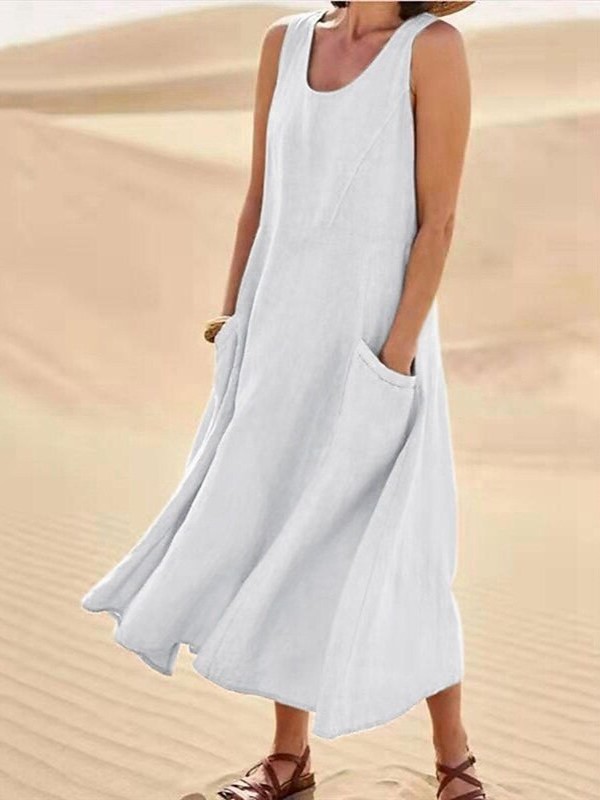 Casual Loose Fit Linen Pocket Midi Dress