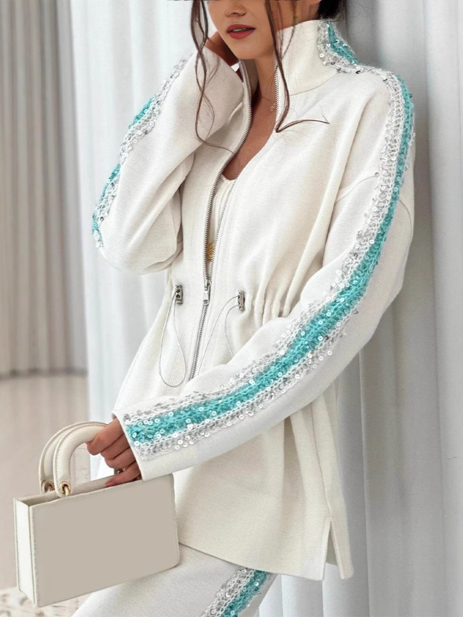 Elegant Sequin Trim Drawstring Jacket and Wide Leg Pants Two Piece Set (Buy 2 Free Shipping)
