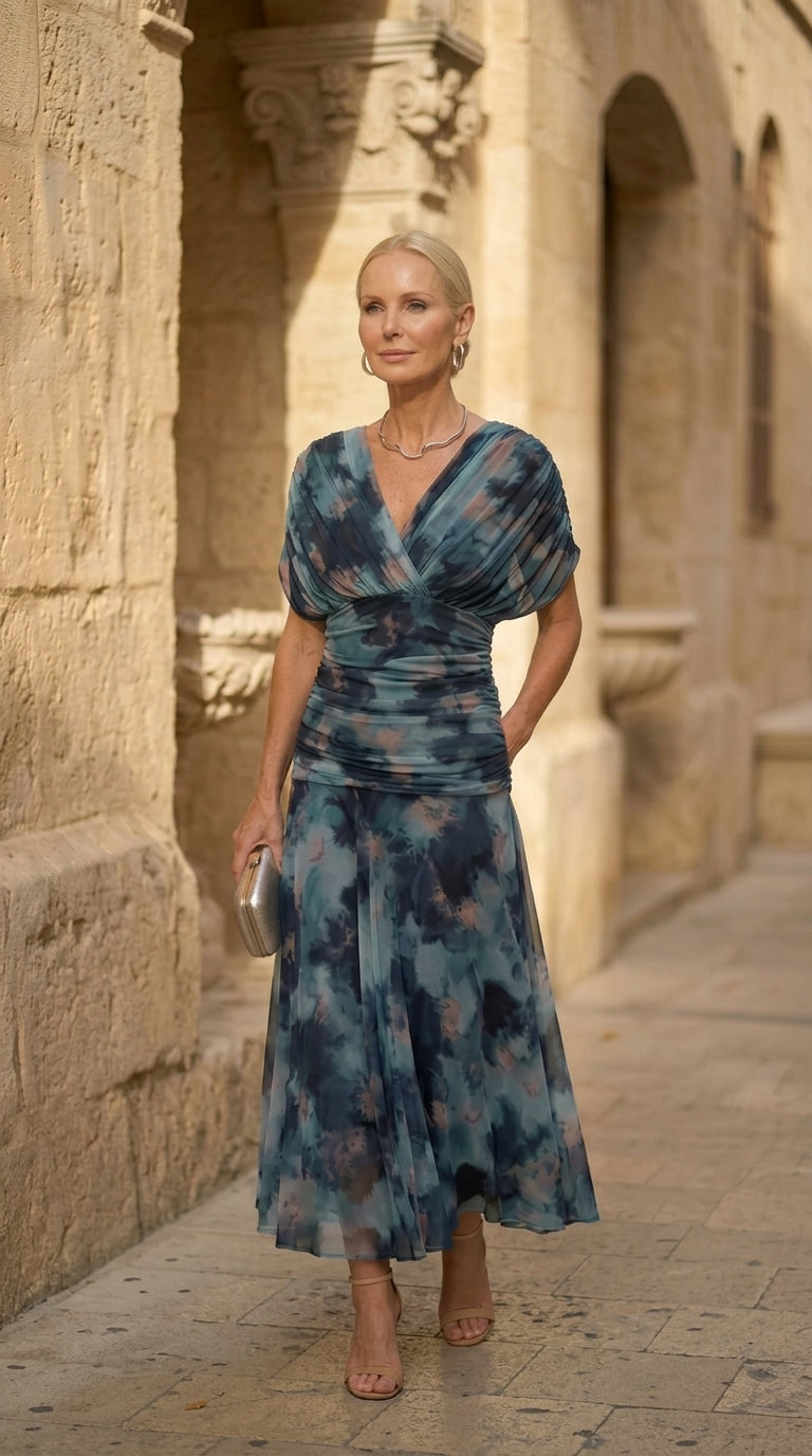 Elegant V-Neck Draped Ruched Waist Floral Maxi Dress