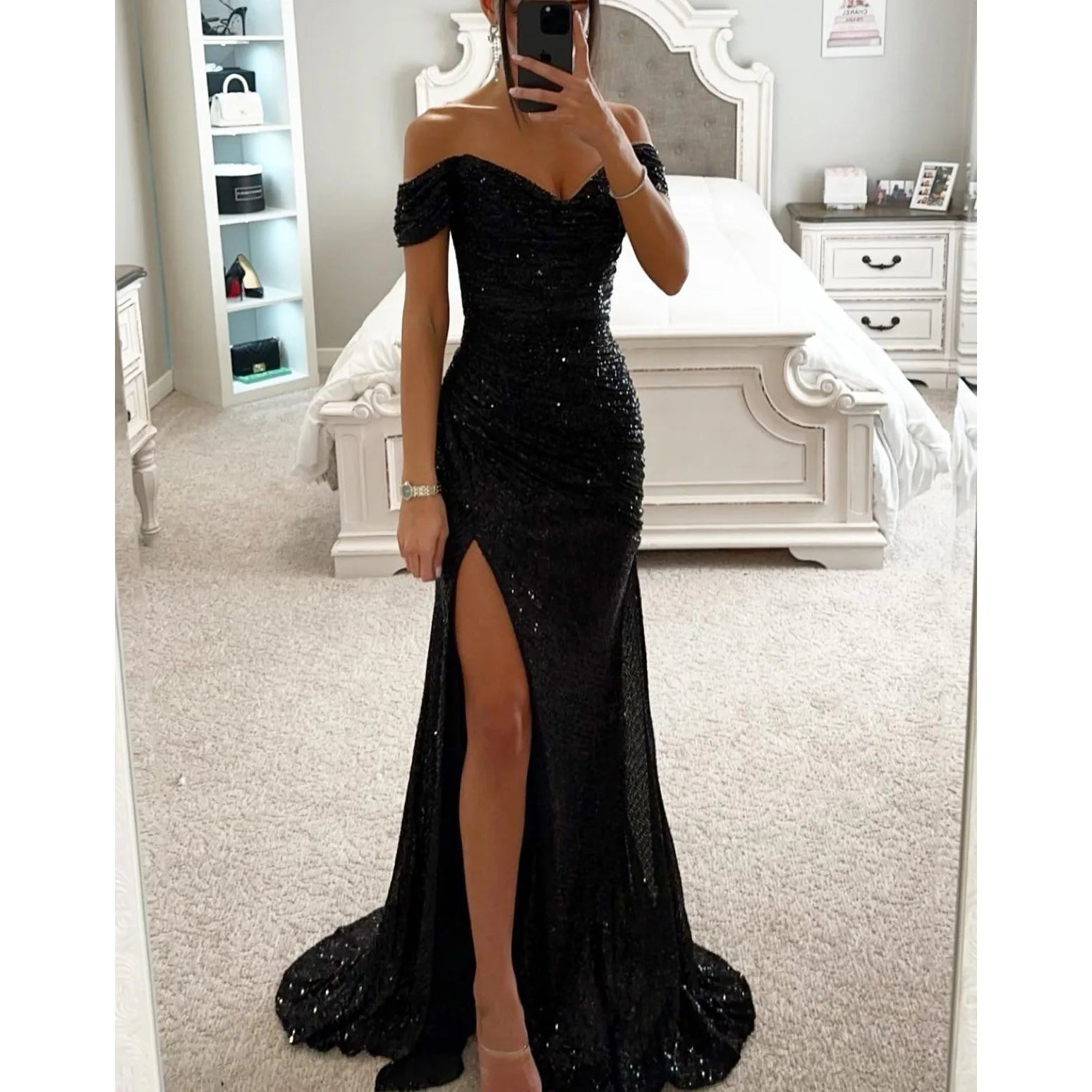 Sequin Off-Shoulder Maxi Dress Elegant Evening Glamour (Buy 2 Free Shipping)