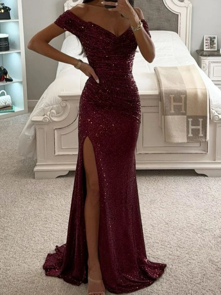 Sequin Off-Shoulder Maxi Dress Elegant Evening Glamour (Buy 2 Free Shipping)