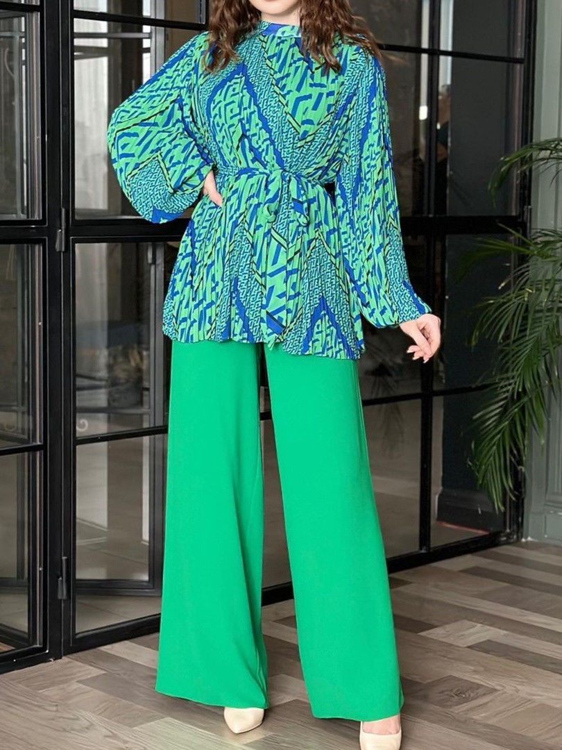 Chic Pleated Tie-Waist Printed Top and Wide Leg Pants Set (Buy 2 Free Shipping)