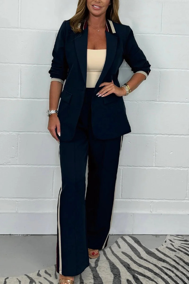 Colorblock Trim Blazer & Wide-Leg Pants Set (Buy 2 Free Shipping)