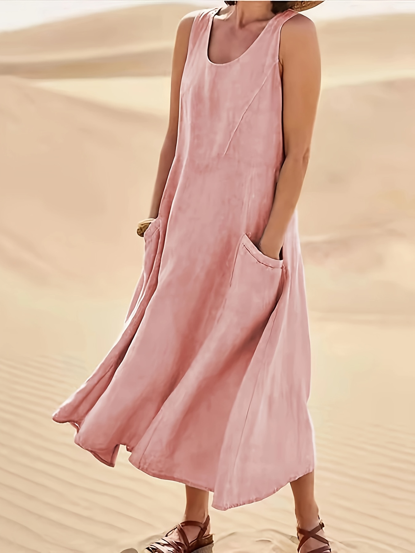 Casual Loose Fit Linen Pocket Midi Dress
