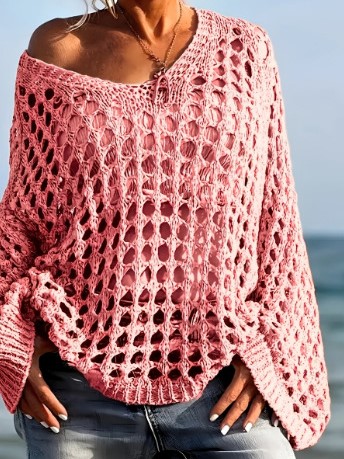 Loose Knit Open Weave Batwing Sleeve Pullover Top