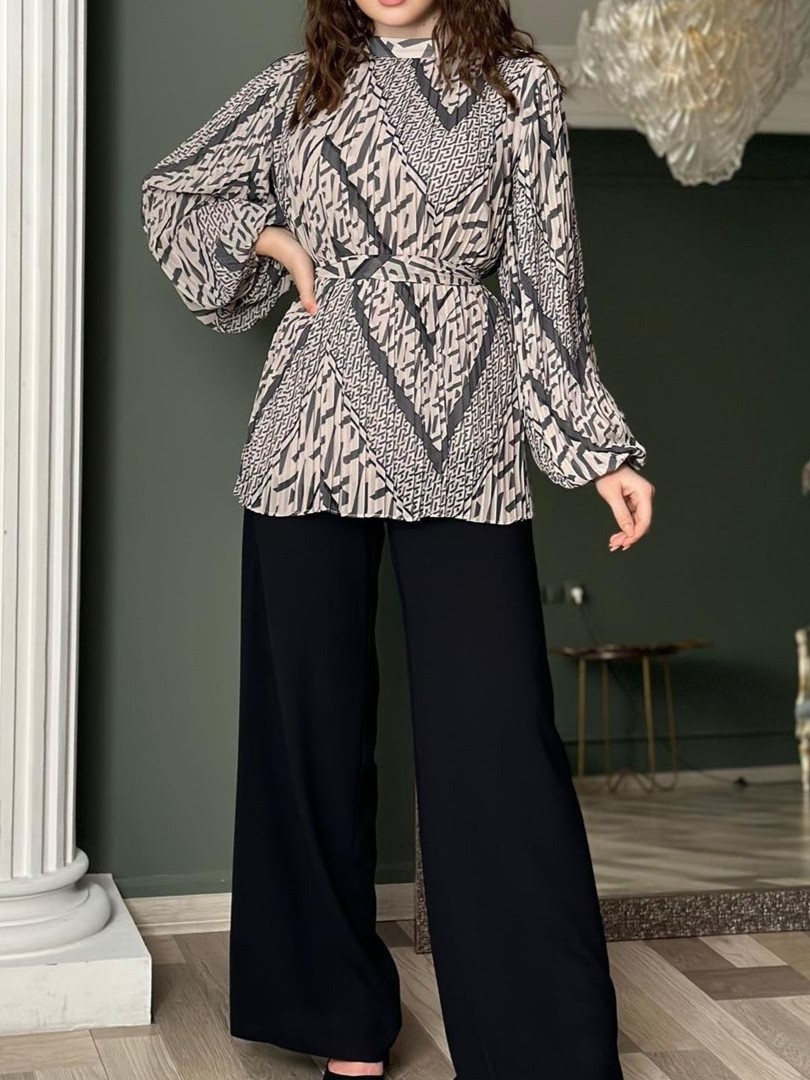 Chic Pleated Tie-Waist Printed Top and Wide Leg Pants Set (Buy 2 Free Shipping)