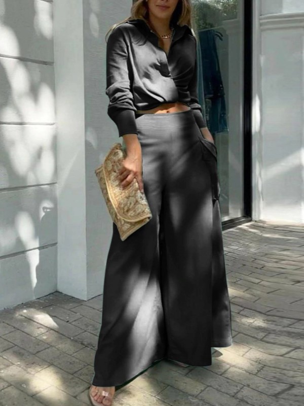 Elegant Collar Crop Top High Waist Wide Leg Pants Set