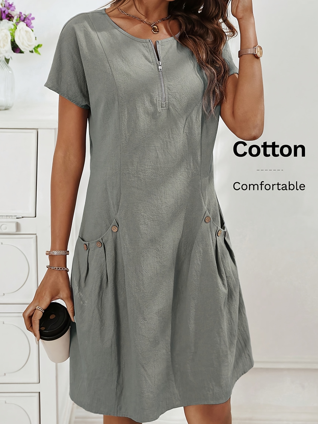 Casual Zip Front Pleated Pocket Cotton Dress (Buy 2 Free Shipping)